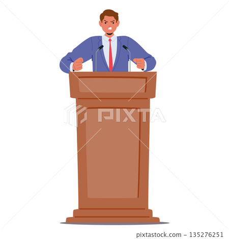 Aggressive male politician character shouting expressing madness at tribune isolated on white 135276251