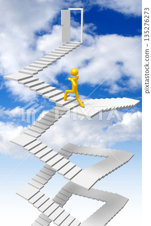 Cartoon character walking up a steps - 3D illustration Cartoon character walking up a steps - 3D illustration 135276273