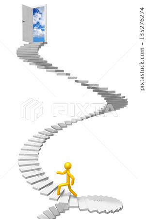 Cartoon character walking up a steps - 3D illustration Cartoon character walking up a steps - 3D illustration 135276274