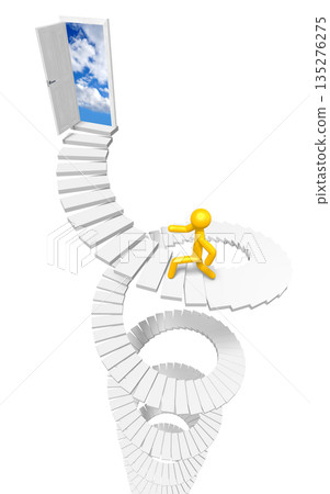 Cartoon character walking up a steps - 3D illustration Cartoon character walking up a steps - 3D illustration 135276275