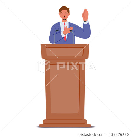 Male politician cartoon character making solemn promise at tribune isolated on white background Male politician cartoon character making solemn promise at tribune isolated on white background 135276280