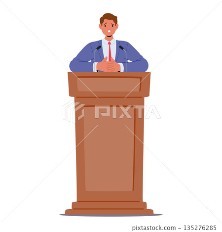 Doubtful discouraged male politician cartoon character hands folded uncertainly standing at tribune Doubtful discouraged male politician cartoon character hands folded uncertainly standing at tribune 135276285