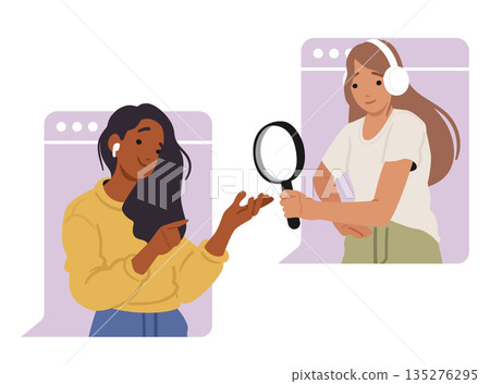 Digital desktop scene featuring female colleagues collaborating online on business investigation Digital desktop scene featuring female colleagues collaborating online on business investigation 135276295