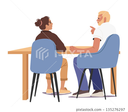 Man and woman colleagues cartoon characters sitting at desk brainstorming having business discussion 135276297