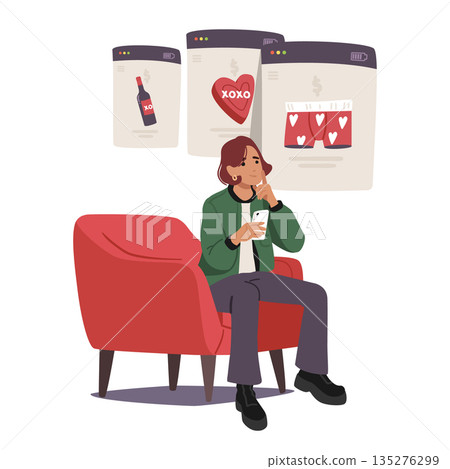 Young woman cartoon character shopping online for Valentines Day gifts using mobile service 135276299