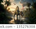 逼真的電腦特效，展現了一隻巨大的肉食恐龍——棘龍——站在水邊的場景。 135276308