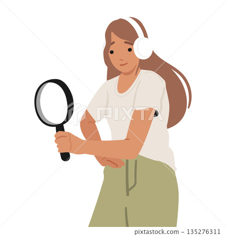 Young female worker or student wearing headphones holding magnifying glass isolated on white Young female worker or student wearing headphones holding magnifying glass isolated on white 135276311