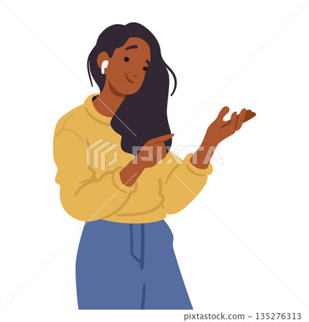 Young stylish casual woman cartoon character wearing earphones isolated on white background Young stylish casual woman cartoon character wearing earphones isolated on white background 135276313