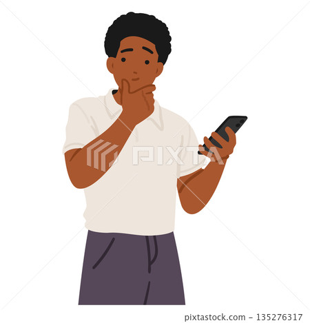 Thoughtful African American teenage guy cartoon character using mobile phone isolated on white Thoughtful African American teenage guy cartoon character using mobile phone isolated on white 135276317