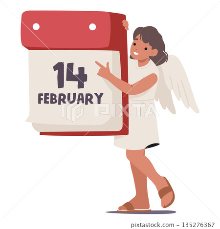 Cute Cupid angel pointing to February 14 calendar date holiday design isolated on white background Cute Cupid angel pointing to February 14 calendar date holiday design isolated on white background 135276367