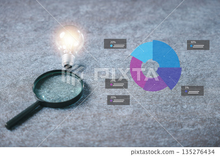 Career development concepts showing glowing lightbulb for creative innovation beside magnifying glass searching business data charts, sparking career growth insight through progress 135276434