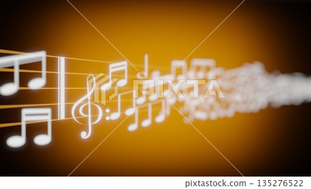 Music notes, treble clef and a staff on orange background - 3D illustration Music notes, treble clef and a staff on orange background - 3D illustration 135276522
