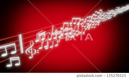 Music notes, treble clef and a staff on red background - 3D illustration 135276523