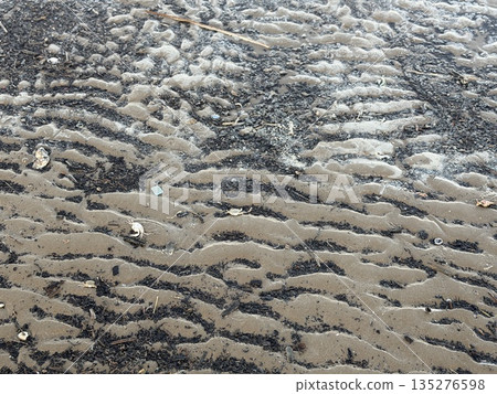 Close up view looking down on patterns in a wet sandy beach, showing textures, shapes and ripples Close up view looking down on patterns in a wet sandy beach, showing textures, shapes and ripples 135276598