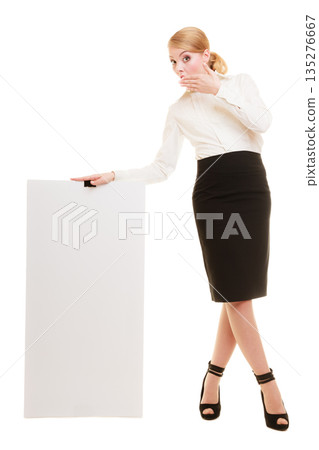 Ad. Businesswoman holding blank copy space banner Ad. Businesswoman holding blank copy space banner 135276667