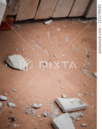 Broken brick pieces on construction site 135276683