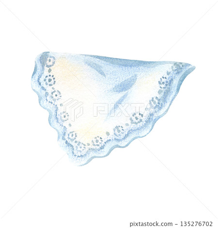 Delicate lace light blue hanging picnic tablecloth. Lacy white towel, handkerchief, napkin. Hand drawn watercolor, colored pencils Illustration isolated from background. Elegant clip art for basket Delicate lace light blue hanging picnic tablecloth. Lacy white towel, handkerchief, napkin. Hand drawn watercolor, colored pencils Illustration isolated from background. Elegant clip art for basket 135276702