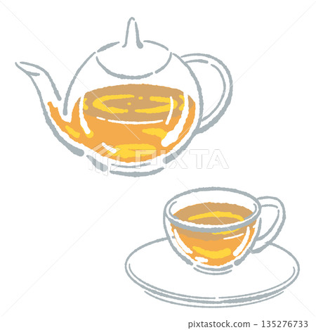 手繪玻璃花草茶具套裝插圖（茶壺和茶杯） 135276733