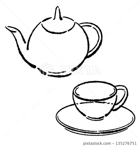 Monochrome illustration of a hand-drawn glass herbal tea set (teapot and cups) 135276751
