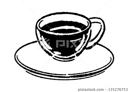 手繪玻璃花草茶具（茶壺和茶杯）的單色插圖 135276753