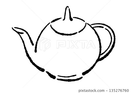 手繪玻璃花草茶具（茶壺和茶杯）的單色插圖 135276760