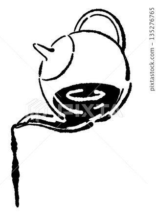 Monochrome illustration of a hand-drawn glass herbal tea set (teapot and cups) 135276765