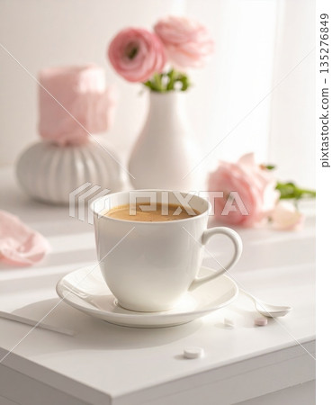 Fresh morning espresso in a white ceramic cup served with a bouquet of pink rose flowers and a hot beverage on a saucer for a beautiful cafe breakfast Fresh morning espresso in a white ceramic cup served with a bouquet of pink rose flowers and a hot beverage on a saucer for a beautiful cafe breakfast 135276849