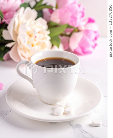 Fresh morning espresso in a white ceramic cup served with a bouquet of pink rose flowers and a hot beverage on a saucer for a beautiful cafe breakfast Fresh morning espresso in a white ceramic cup served with a bouquet of pink rose flowers and a hot beverage on a saucer for a beautiful cafe breakfast 135276850