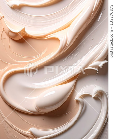 Smooth chocolate cream dessert with a white milk swirl creates a creamy liquid texture for food or beauty spa care isolated on a white plate 135276875