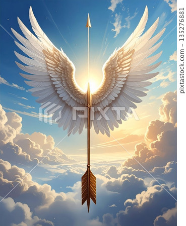 Vector illustration of a holy angel with wings flying through a blue heaven sky near a sunlit cross and a peaceful dove symbol of freedom 135276881