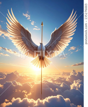 Vector illustration of a holy angel with wings flying through a blue heaven sky near a sunlit cross and a peaceful dove symbol of freedom Vector illustration of a holy angel with wings flying through a blue heaven sky near a sunlit cross and a peaceful dove symbol of freedom 135276883