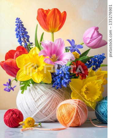 Beautiful arrangement of a colorful bouquet of roses and ranunculus flowers featuring pink blossoms and green flora for a romantic garden wedding gift or Valentine decoration 135276901