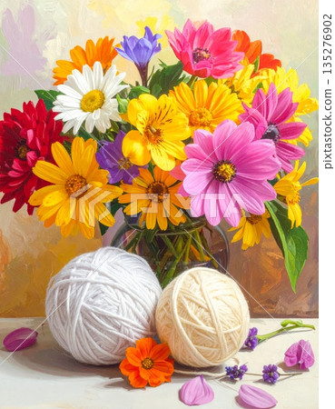 Beautiful arrangement of a colorful bouquet of roses and ranunculus flowers featuring pink blossoms and green flora for a romantic garden wedding gift or Valentine decoration 135276902