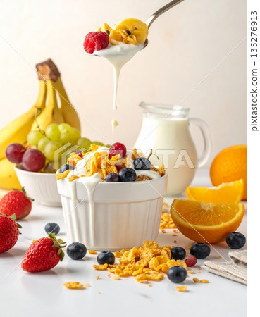 A healthy breakfast bowl of fresh muesli with berries and milk features a nutritious meal of oats, granola, and strawberries for a sweet morning diet A healthy breakfast bowl of fresh muesli with berries and milk features a nutritious meal of oats, granola, and strawberries for a sweet morning diet 135276913