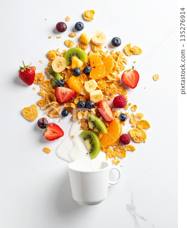 A healthy breakfast bowl of fresh muesli with berries and milk features a nutritious meal of oats, granola, and strawberries for a sweet morning diet A healthy breakfast bowl of fresh muesli with berries and milk features a nutritious meal of oats, granola, and strawberries for a sweet morning diet 135276914