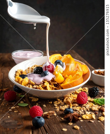 A healthy breakfast bowl of fresh muesli with berries and milk features a nutritious meal of oats, granola, and strawberries for a sweet morning diet A healthy breakfast bowl of fresh muesli with berries and milk features a nutritious meal of oats, granola, and strawberries for a sweet morning diet 135276915