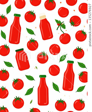 Fresh organic red tomato seamless pattern featuring ripe vegetables with green leaves and healthy ingredients isolated on a white background for a natural vegetarian diet 135276927