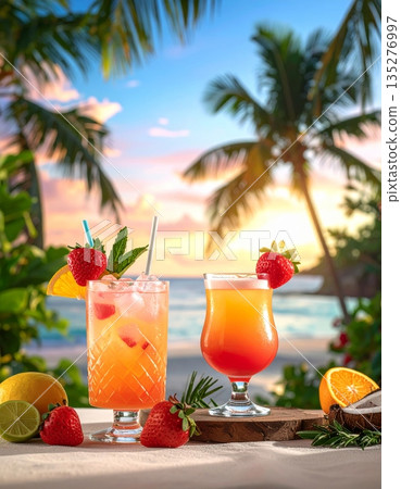 A fresh tropical cocktail with lime and orange juice served in a cold glass with ice at a summer beach bar party 135276997