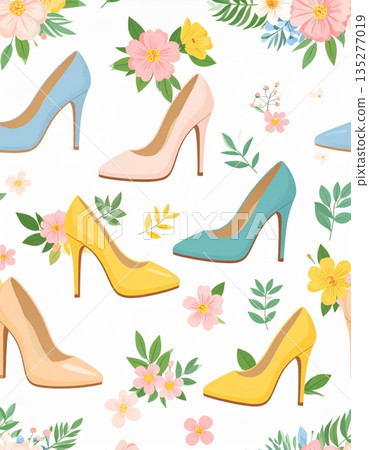 Vector illustration of a pair of elegant black leather high heel stiletto shoes decorated with flowers to showcase fashion glamour and woman style 135277019