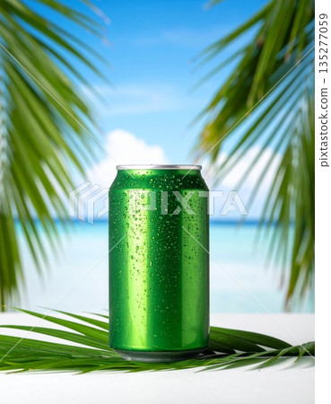 A refreshing bottle of water and premium champagne rest on the pristine sand of a tropical Caribbean beach under paradise island palms by the turquoise summer sea A refreshing bottle of water and premium champagne rest on the pristine sand of a tropical Caribbean beach under paradise island palms by the turquoise summer sea 135277059