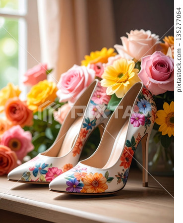 Elegant pink leather stiletto high heel shoes adorned with flowers showcase a stylish blend of fashion and wedding glamour for a woman 135277064