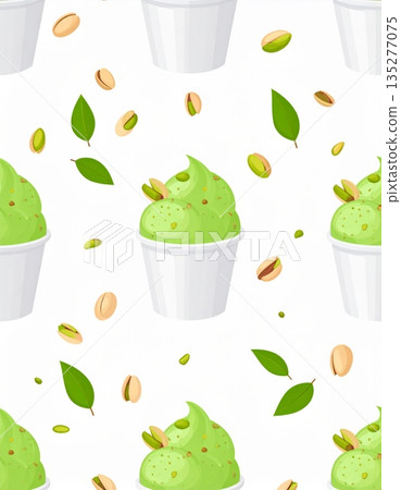 Cartoon vector illustration set of fresh green tea cups and a pot with breakfast food icons including a cupcake and fruit for kitchen and meal designs 135277075