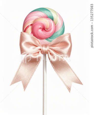 Festive red and pink lollipops and a candy cane isolated on white background decorated with a shiny satin ribbon bow for a Christmas holiday celebration gift or Valentine birthday present ornament 135277083