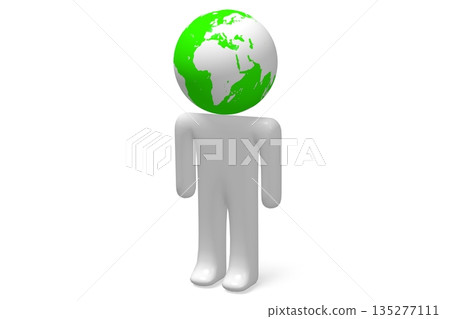Cartoon character with green Earth as head - 3D illustration 135277111
