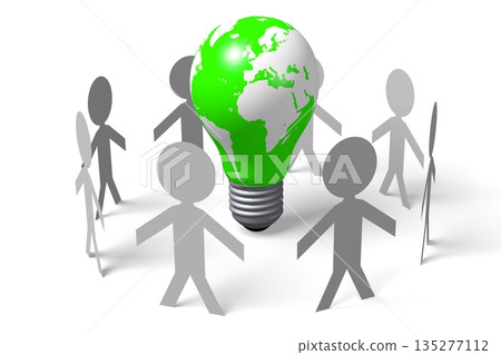 Earth as light bulbs and cartoon characters standing in circle - 3D illustration 135277112