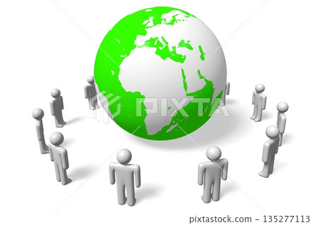 Earth and cartoon characters standing in circle - 3D illustration 135277113