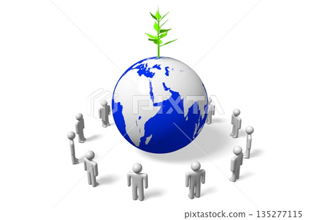 Earth and cartoon characters standing in circle - 3D illustration 135277115