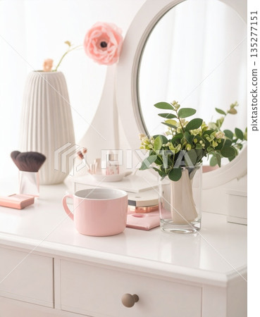 Contemporary interior design featuring a vintage pink bathroom sink decorated with a luxury pink rose in an indoor apartment setting 135277151