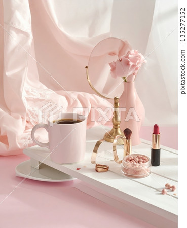 Contemporary interior design featuring a vintage pink bathroom sink decorated with a luxury pink rose in an indoor apartment setting Contemporary interior design featuring a vintage pink bathroom sink decorated with a luxury pink rose in an indoor apartment setting 135277152