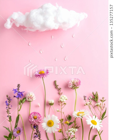 Pink cosmos flowers bloom in a lush summer meadow under a clear blue sky, showcasing vibrant petals and natural floral beauty in a sunny garden landscape 135277157